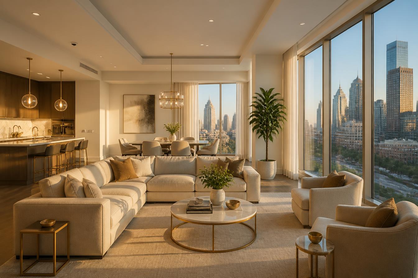 Upscale Houston apartment interior with skyline views