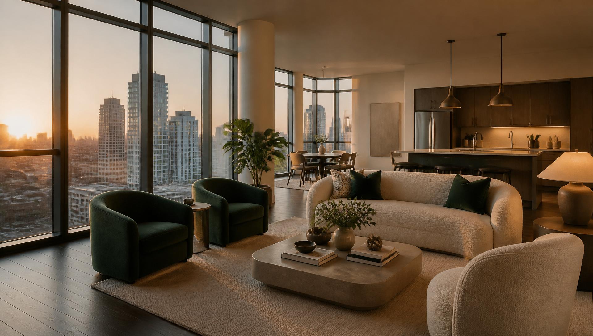Upscale Houston high-rise apartment interior with skyline views